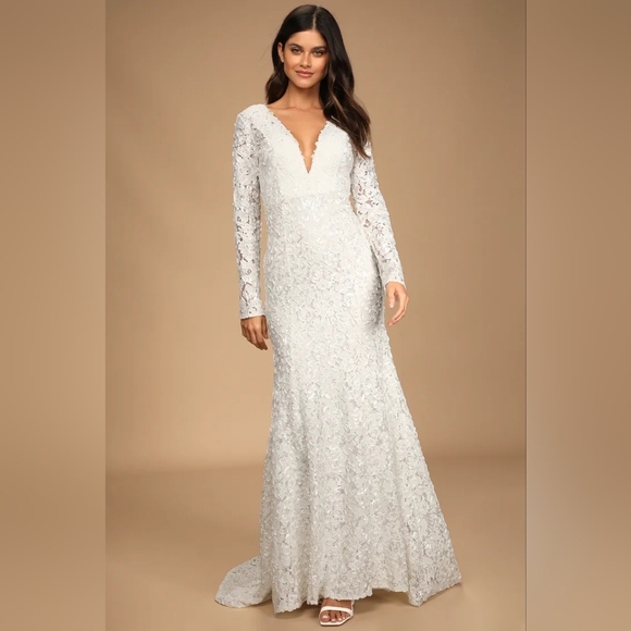Lulus Following Your Heart White Lace Long Sleeve Maxi Dress XS Wedding Bridal - Picture 2 of 12